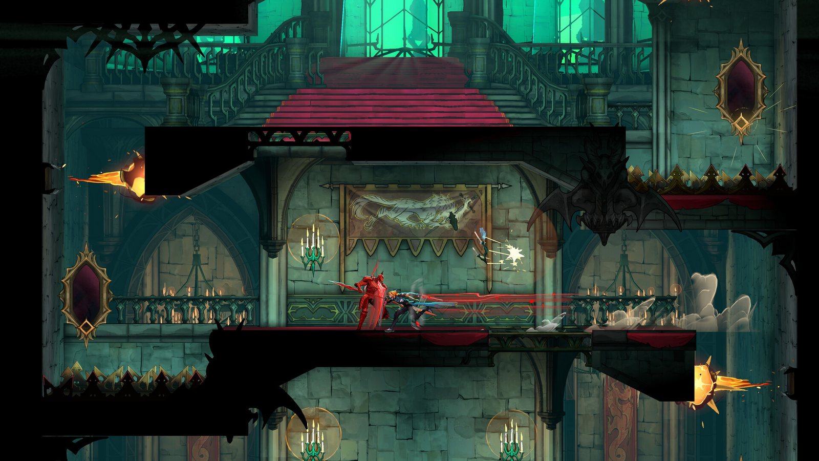 Close-range fighting in a stone hall. Both red enemy figures are mid-attack, and projectiles cross the room. Official screenshot. Two red, horned enemy figures attacking in a hall of flames and green stained glass