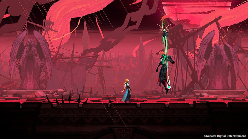 A dark-clad figure suspended on a glowing spear