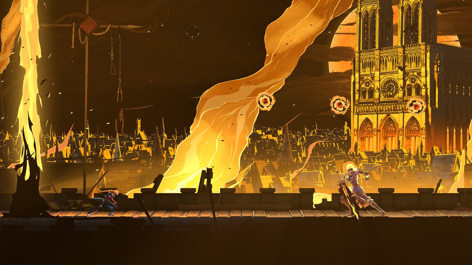 Paris rooftops burning under an orange sky, with a cathedral tower on the right and two figures fighting on the parapet