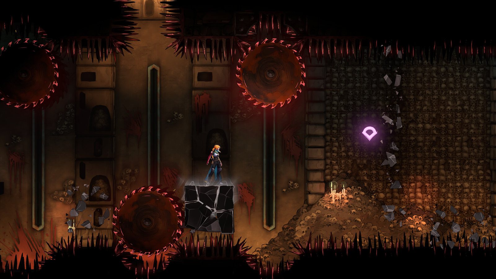 A bone-lined catacomb with saw blades and spikes