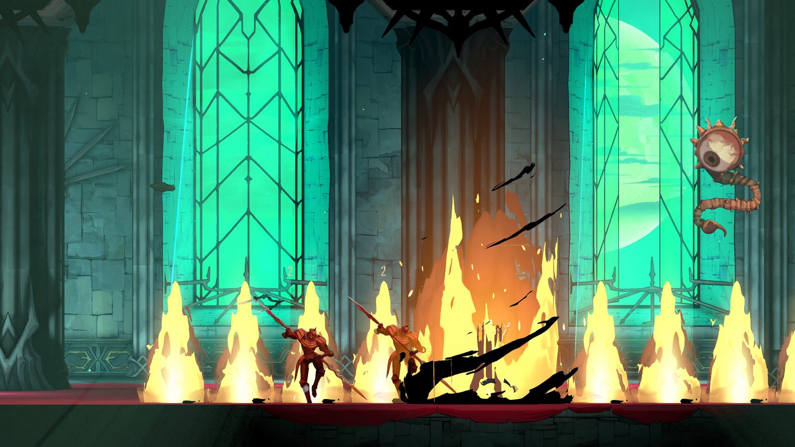 A hall of flames with green stained glass