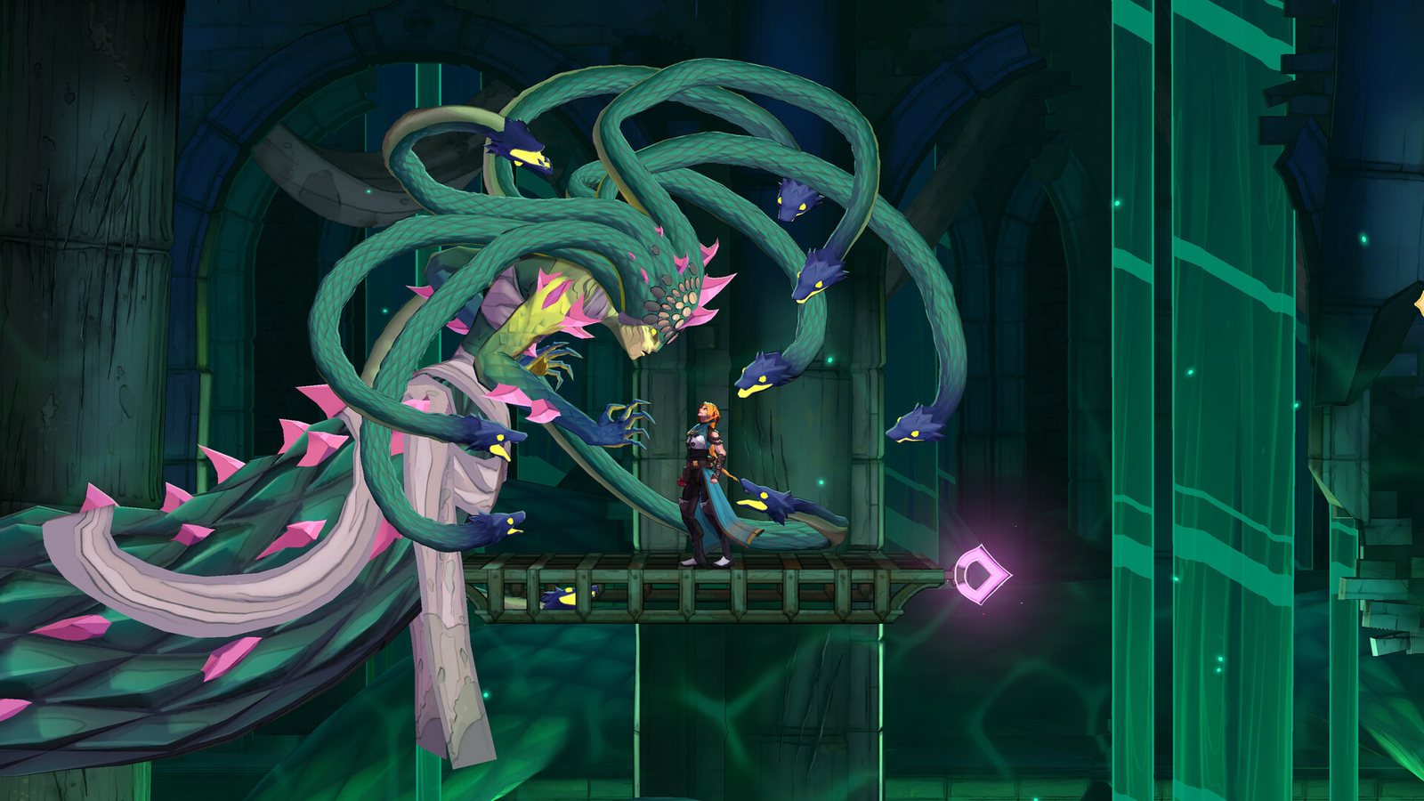 The serpent boss coiled through a flooded chamber