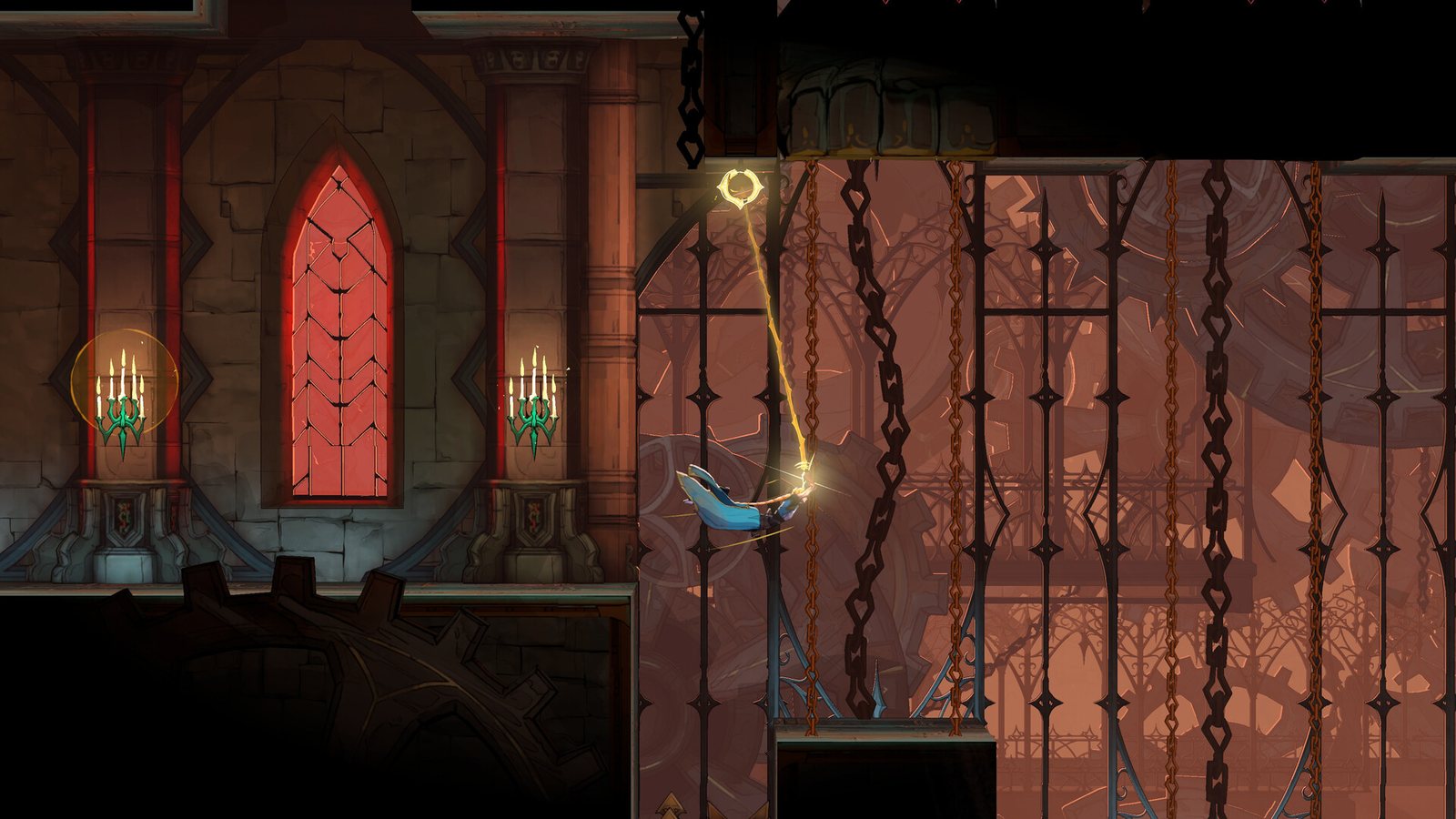Rose swinging from a gold ring in a candle-lit chapel